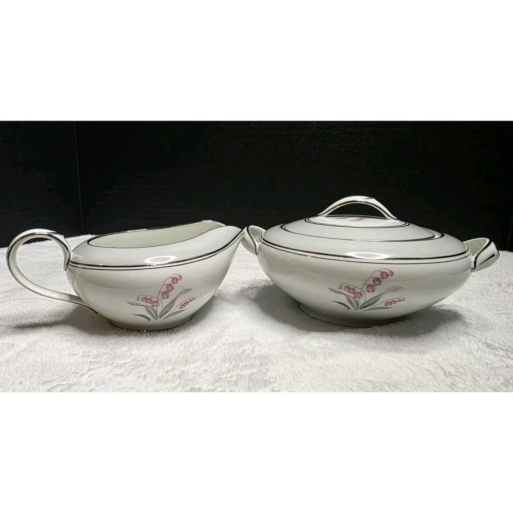 MCM‎ Vintage Noritake Sugar Bowl & Creamer 5518, with Pink Lily of the Valley